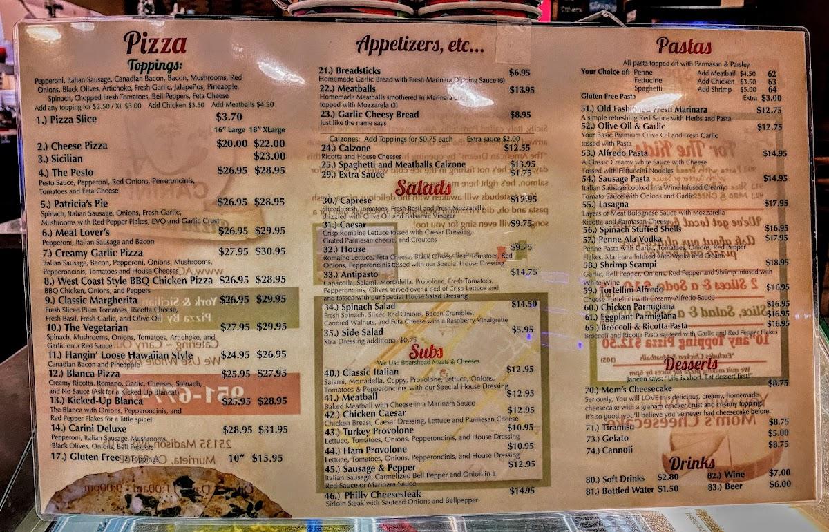 Menu at A Carini's Pizza & Pasta pizzeria, Murrieta, Madison Ave #105