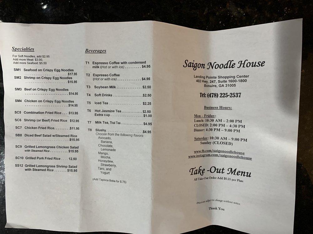 Menu at Saigon Noodle House restaurant, Warner Robins