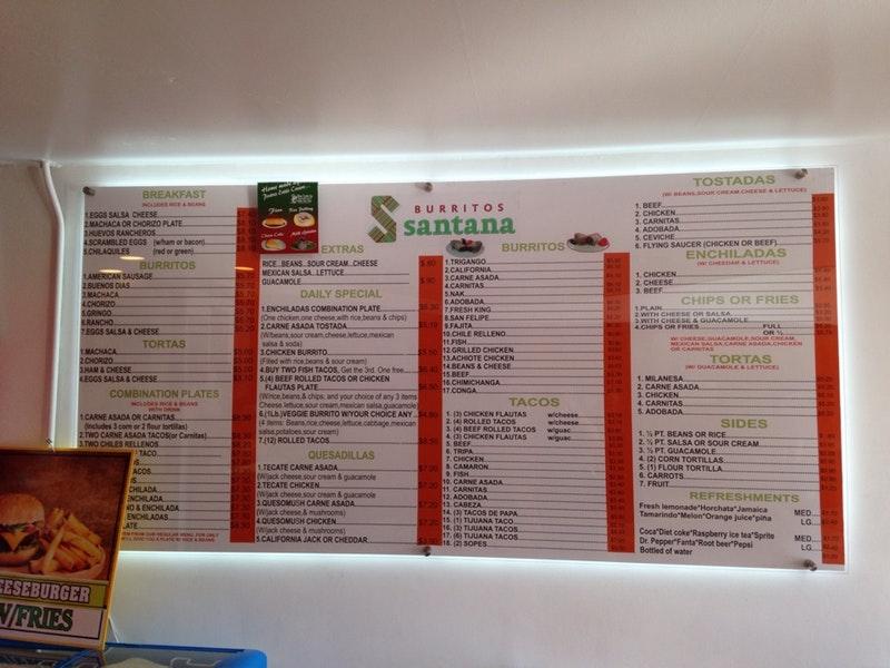 Menu at Burritos Santana restaurant, San Diego, San Diego Mission Rd