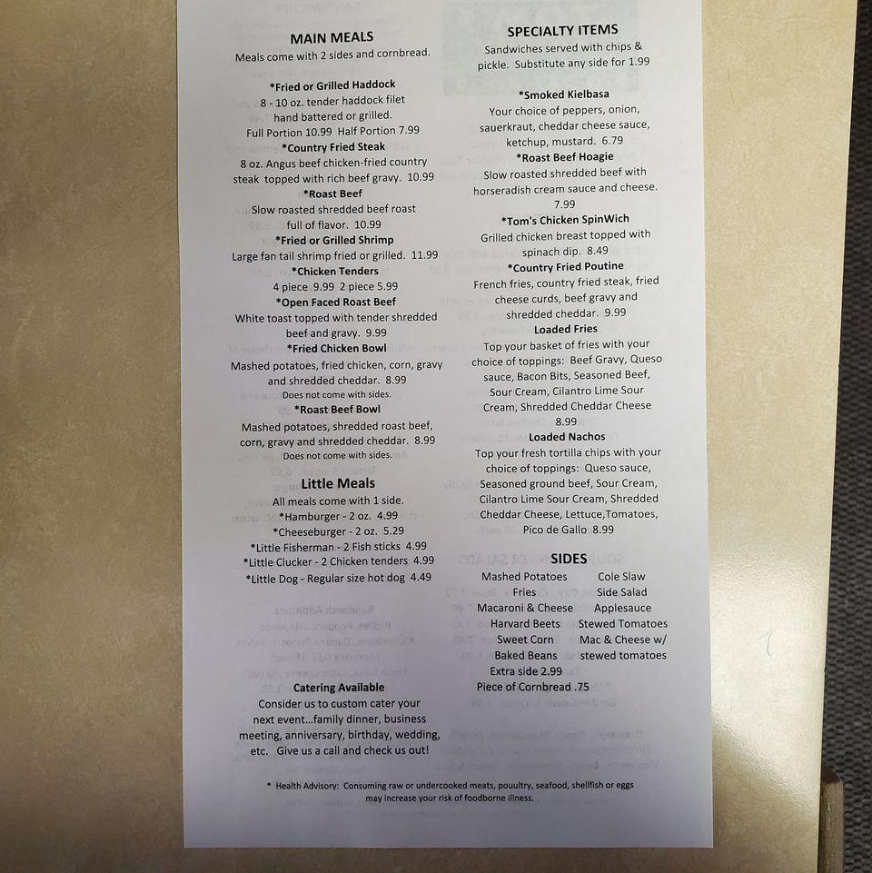 Menu at Tom's Eatery at Fox Crossing restaurant, Mount Pleasant Mills