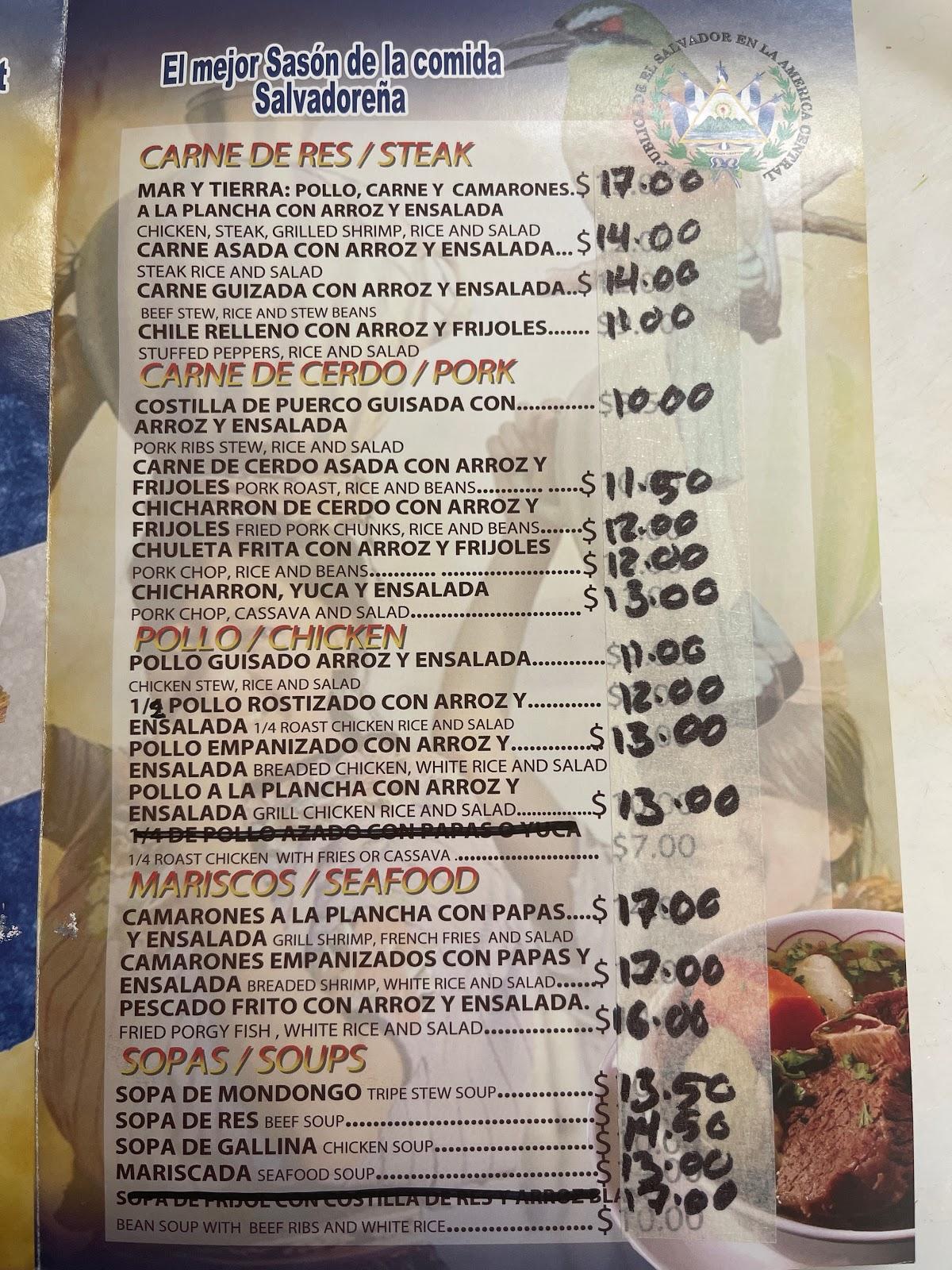 Menu at El Salvador Restaurant, Bridgeport