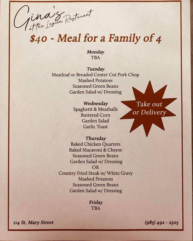Menu at Gina's At the Legion restaurant, Thibodaux
