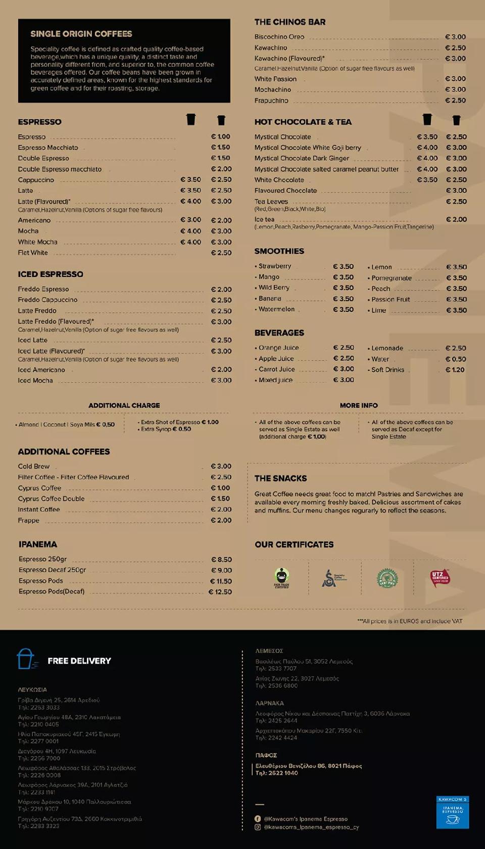 Menu at Ipanema Espresso Larnaka, Larnaca
