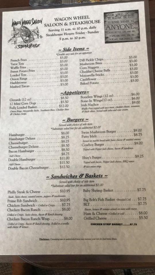 Menu at Wagon Wheel Saloon & Steakhouse, Ericson