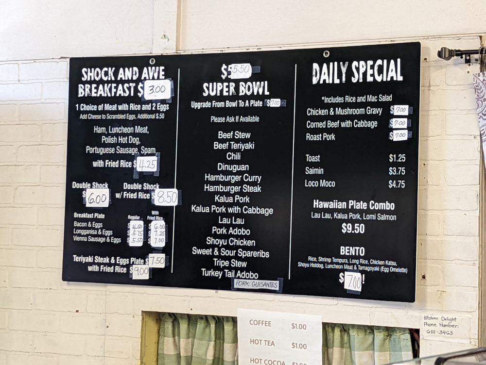 Menu at Kitchen Delight restaurant, Wahiawa, 25 Mango St