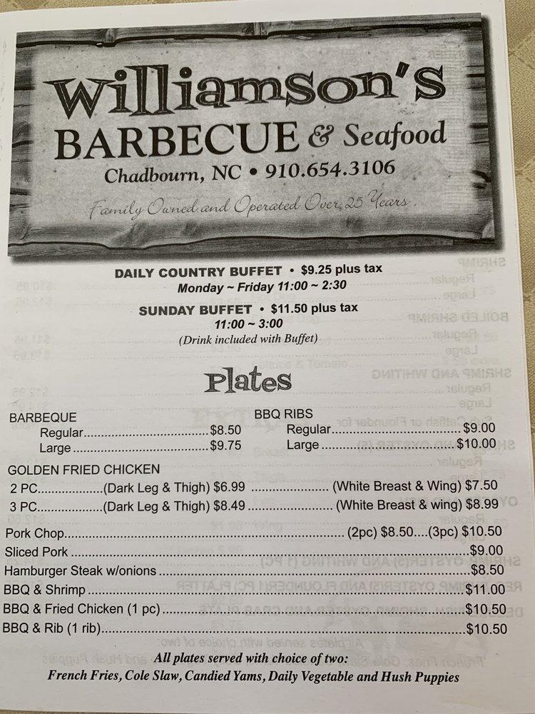 Menu at Williamson's Barbecue Restaurant, Chadbourn, N Brown St