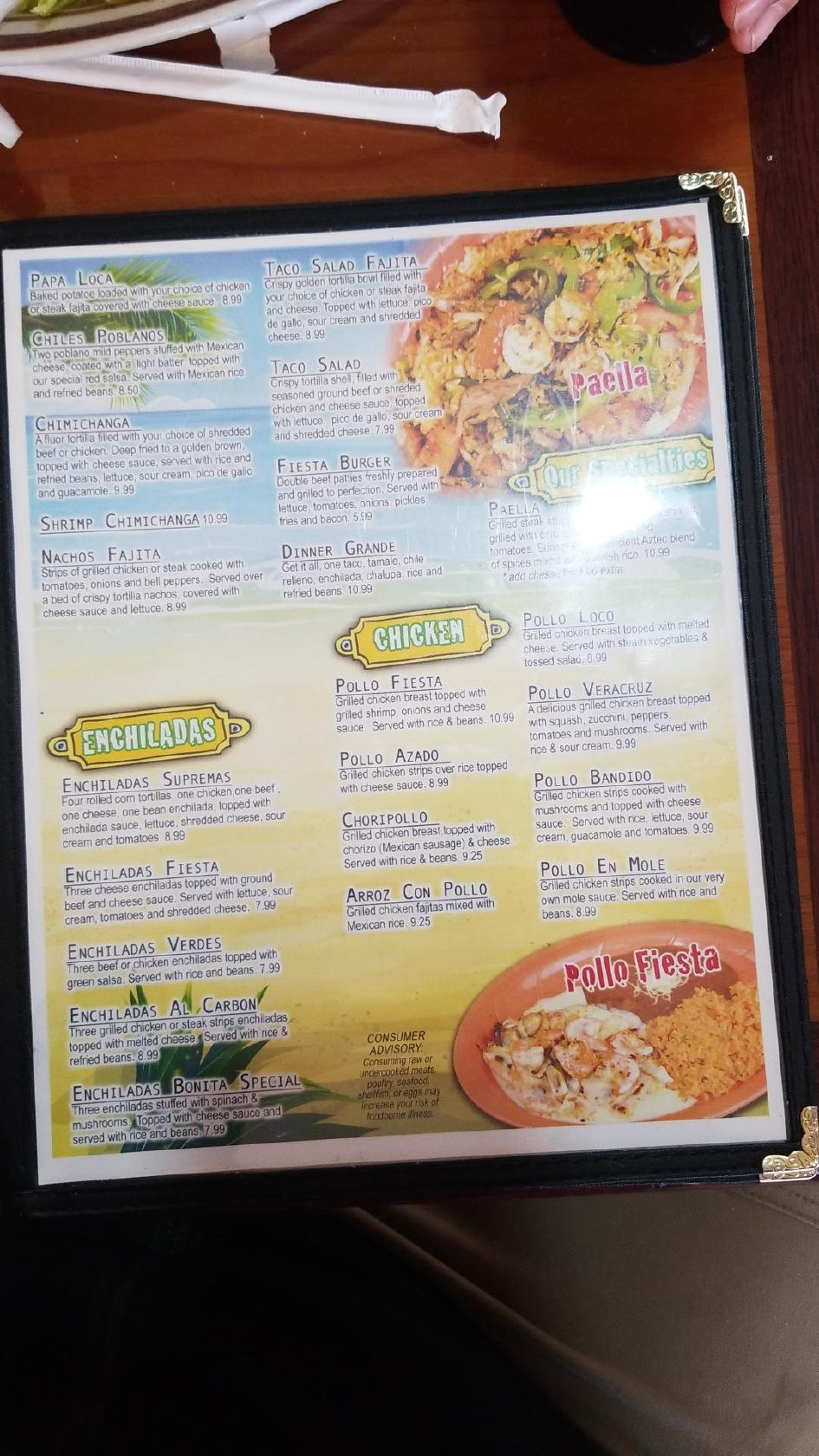 Menu at Fiesta Acapulco restaurant, Sturgis
