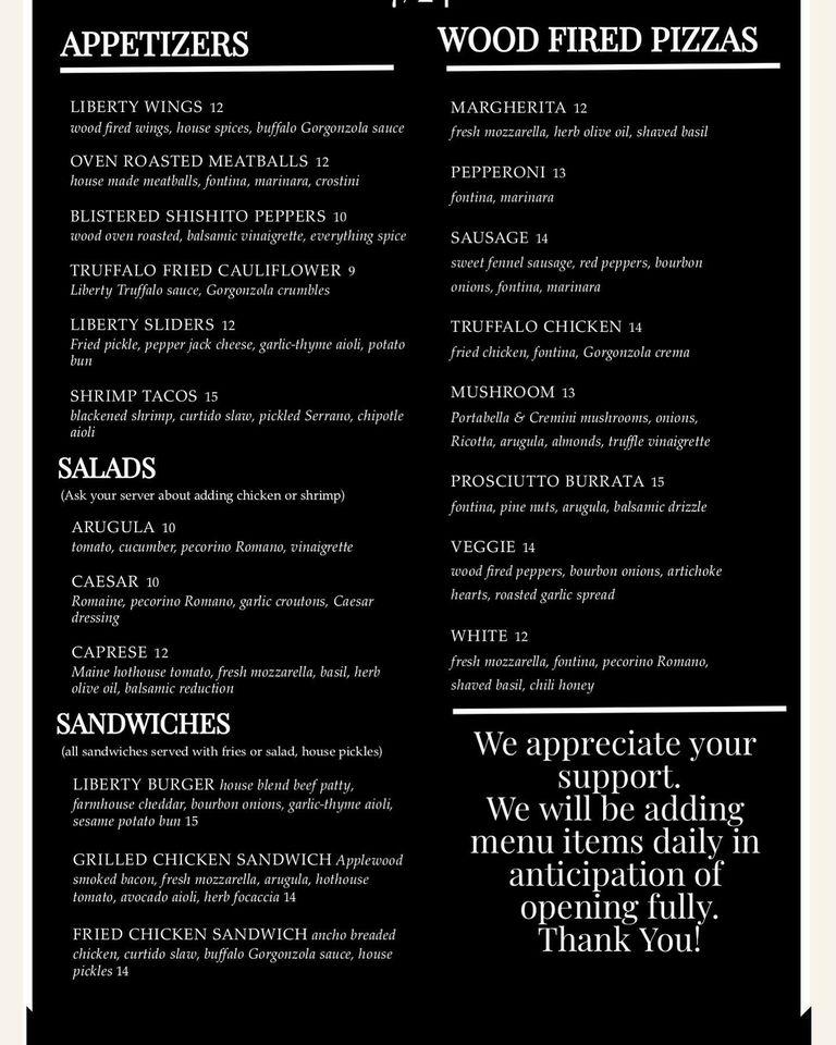 Menu at Liberty Tavern pizzeria, Quincy