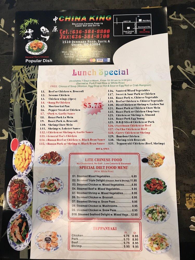 Menu at China King restaurant, Union