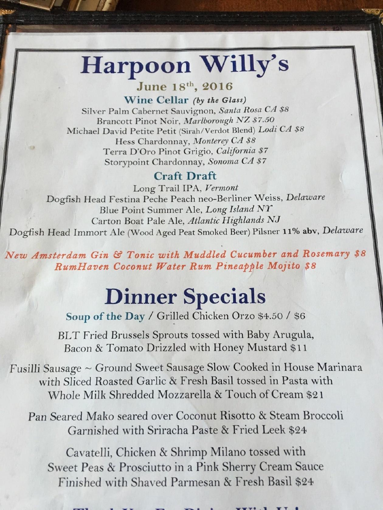 Menu at Harpoon Willy's restaurant, Manasquan