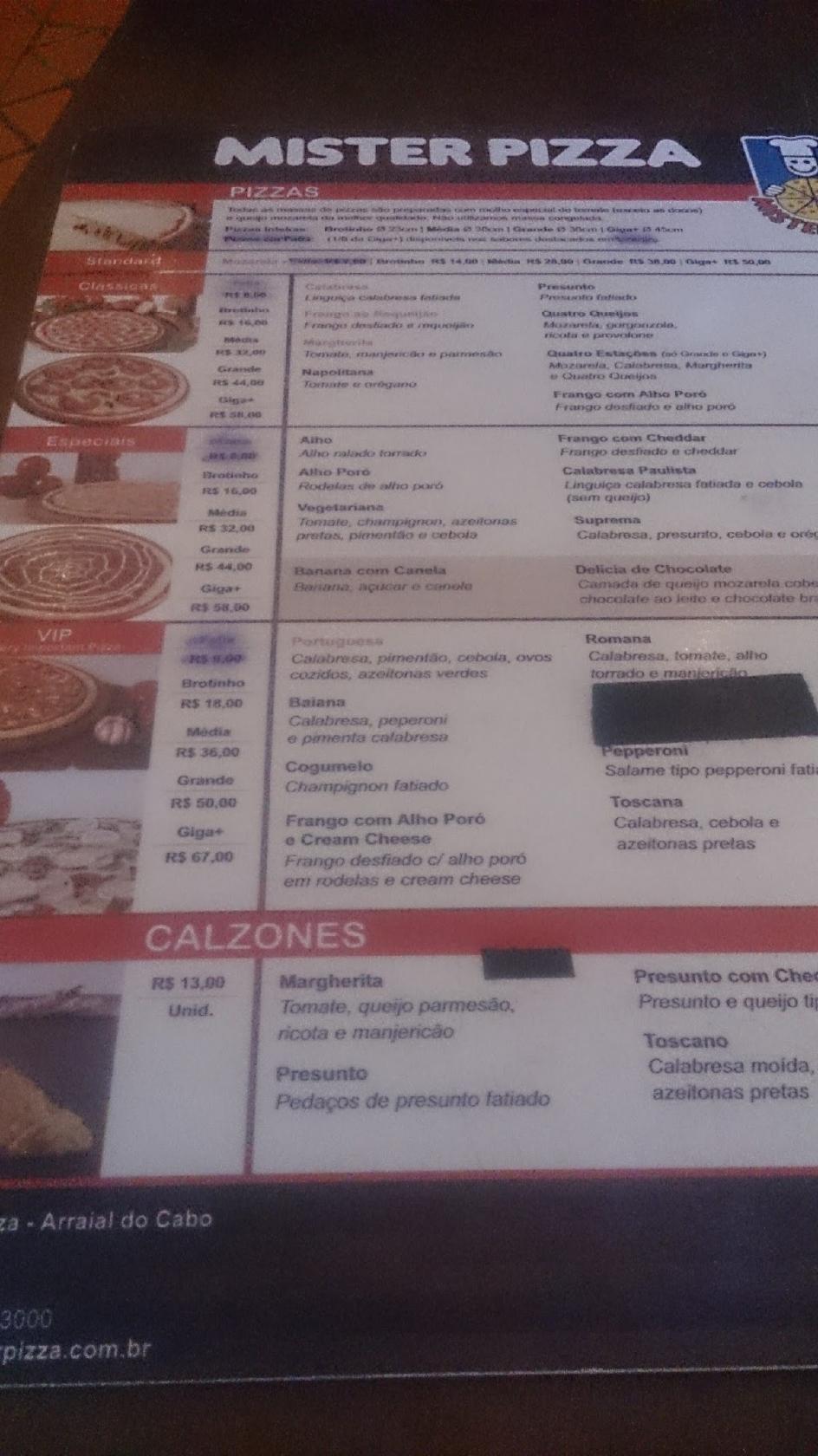 Carta de pizzería Mister Pizza Arraial do Cabo, Arraial do Cabo