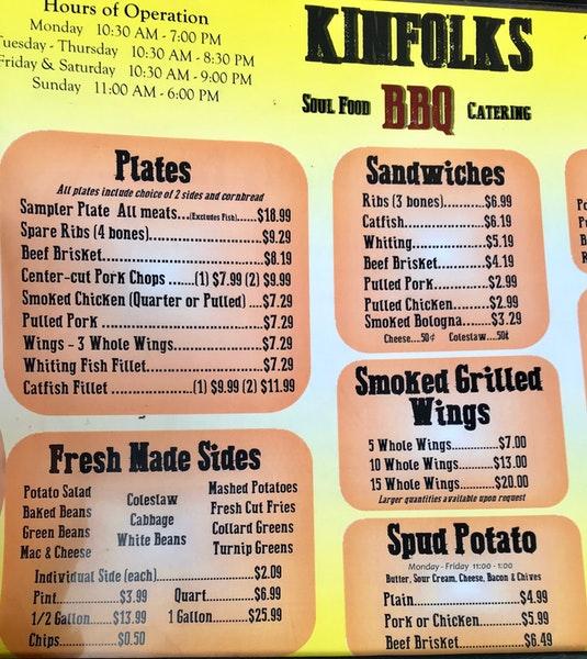 Menu at Kinfolks BBQ, Smyrna