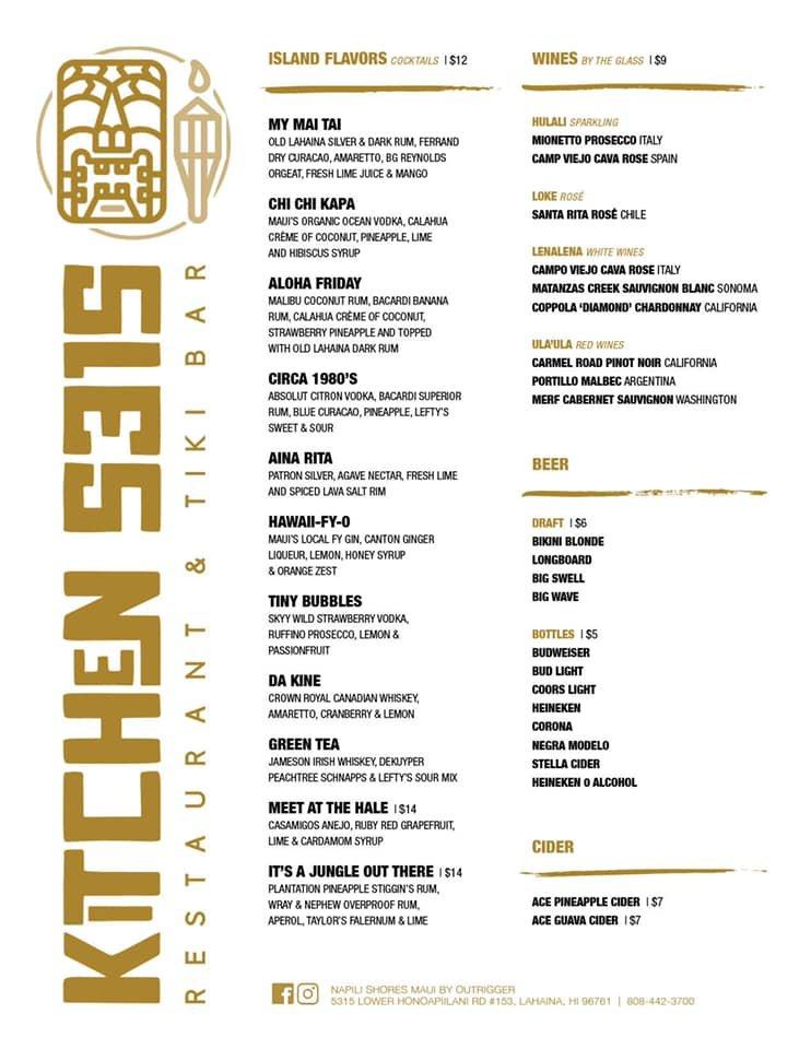 Menu at Kitchen 5315 Restaurant & Tiki Bar, Kapalua