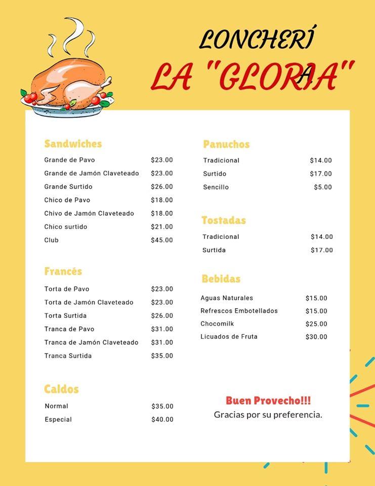 Menu at Lonchería "La Gloria" restaurant, Campeche