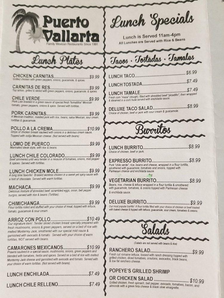 Menu at Puerto Vallarta restaurant, Redding, Eureka Way