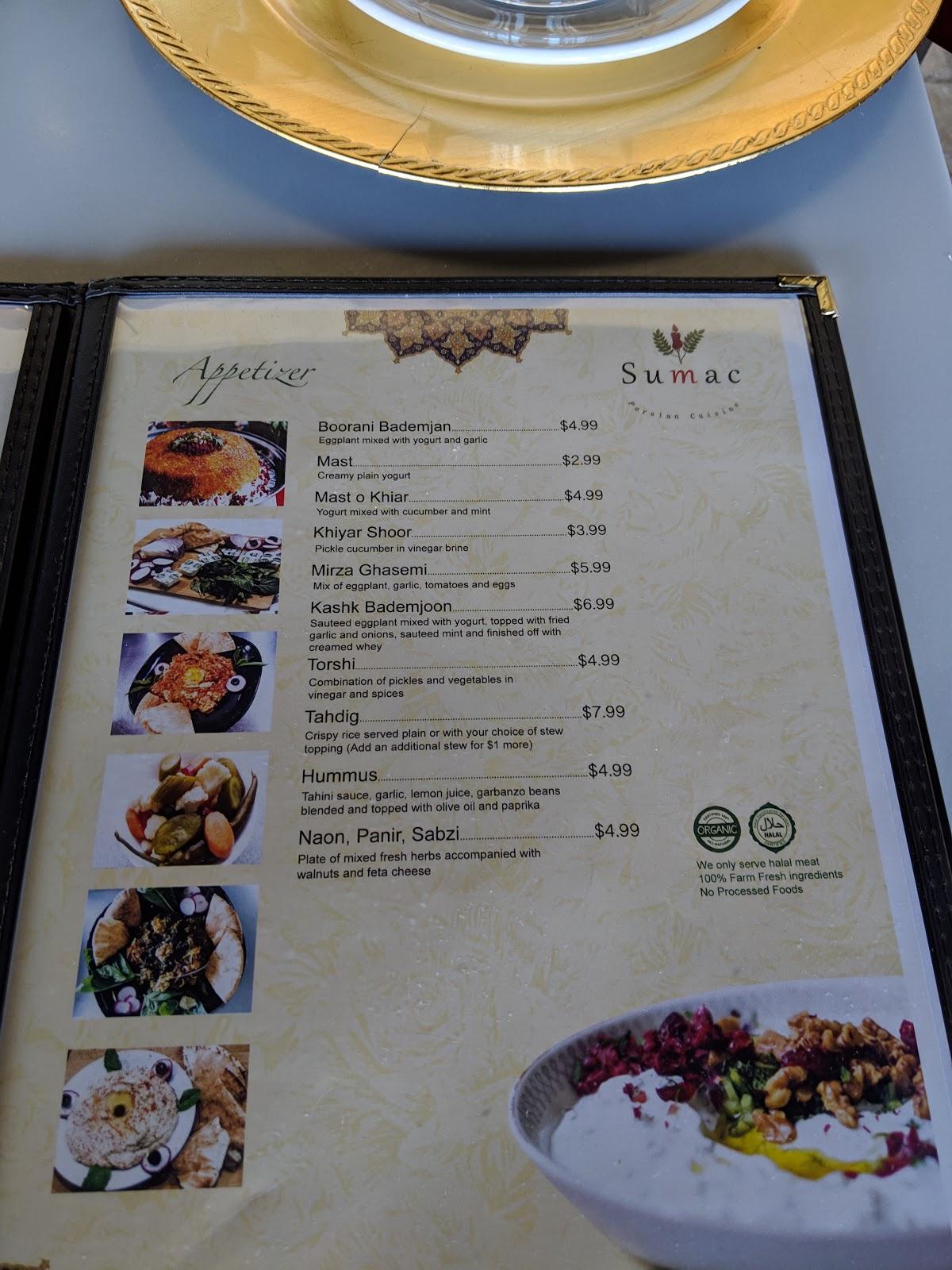 Menu at Sumac Cafe, Cottonwood Heights