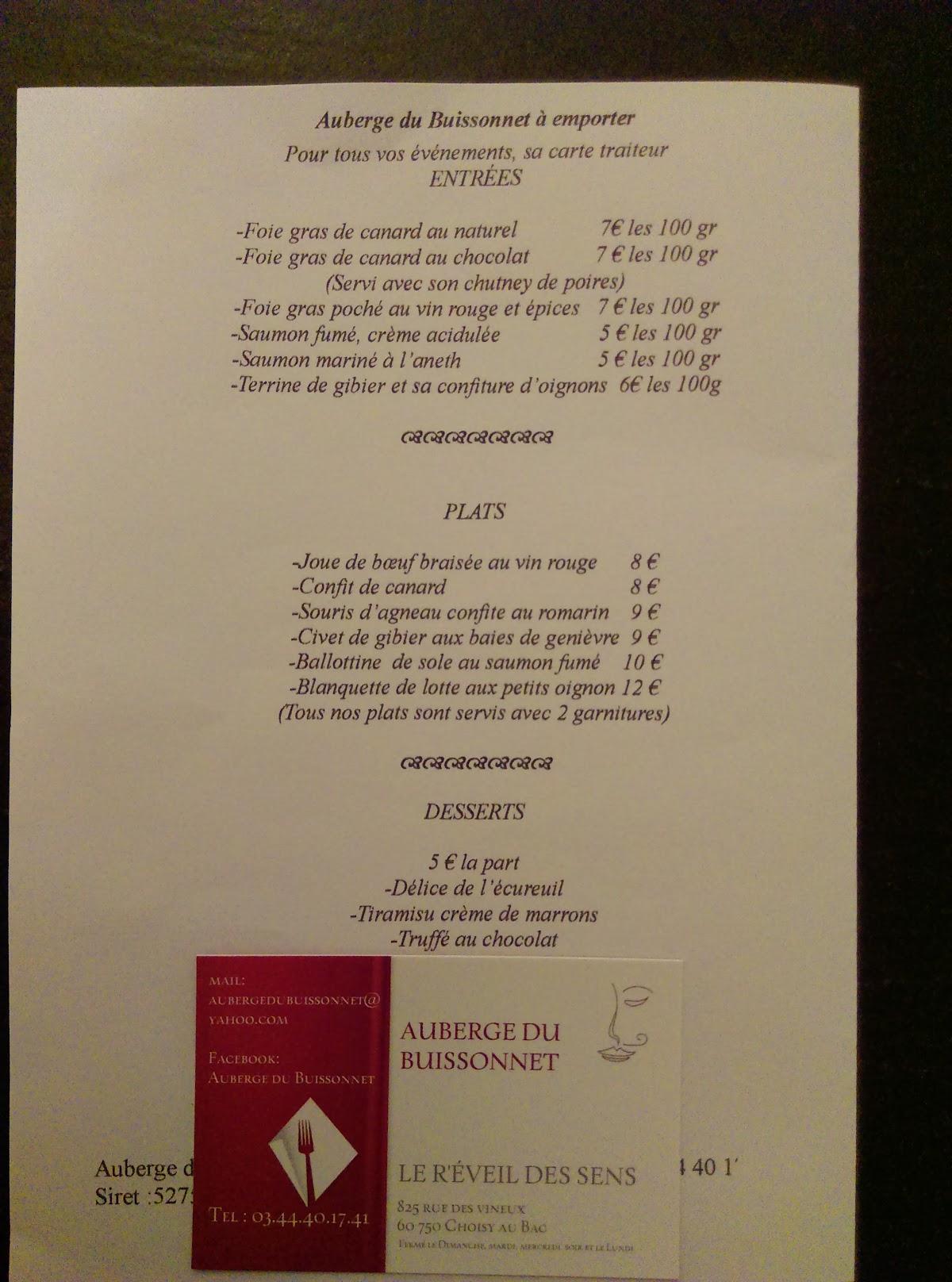 Menu au Auberge du restaurant, ChoisyauBac