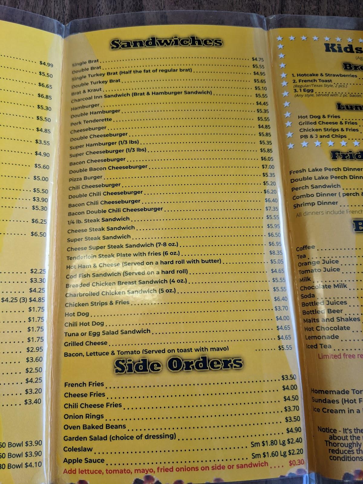 Menu at Charcoal Inn North restaurant, Sheboygan, Geele Ave