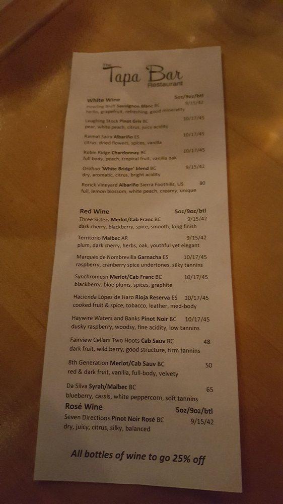 Menu at Tapa Bar, Victoria