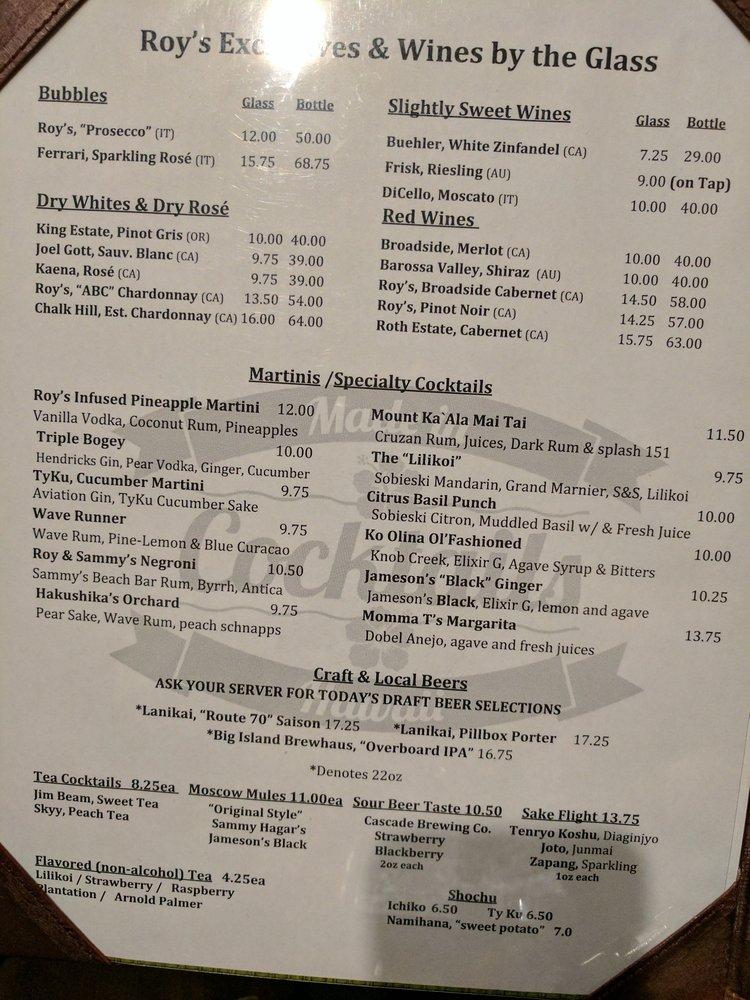 Menu at Roy's Ko Olina restaurant, Kapolei