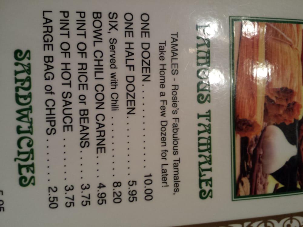 Menu at Rosie's Tamale House restaurant, Bee Cave, State Hwy 71