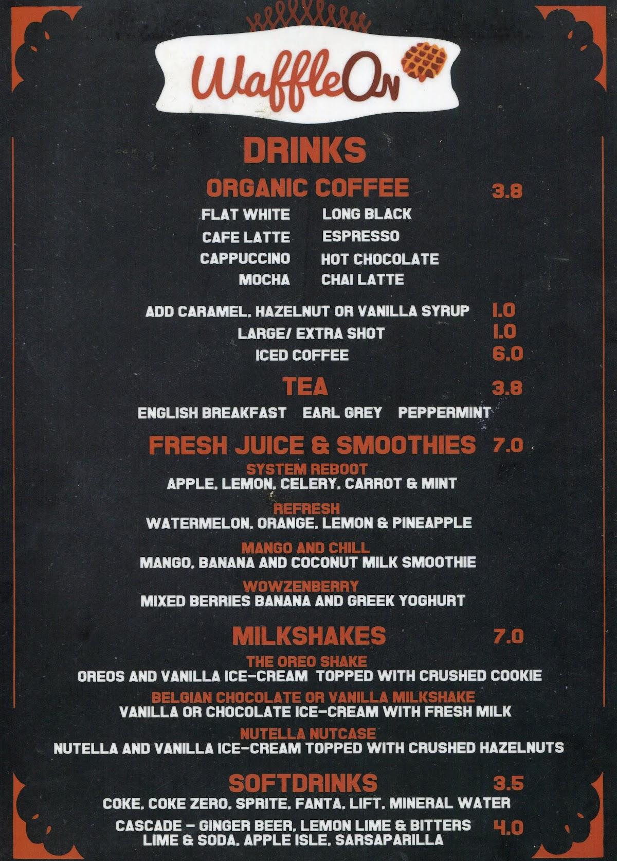 Menu at Waffle On Cairns cafe, Cairns City