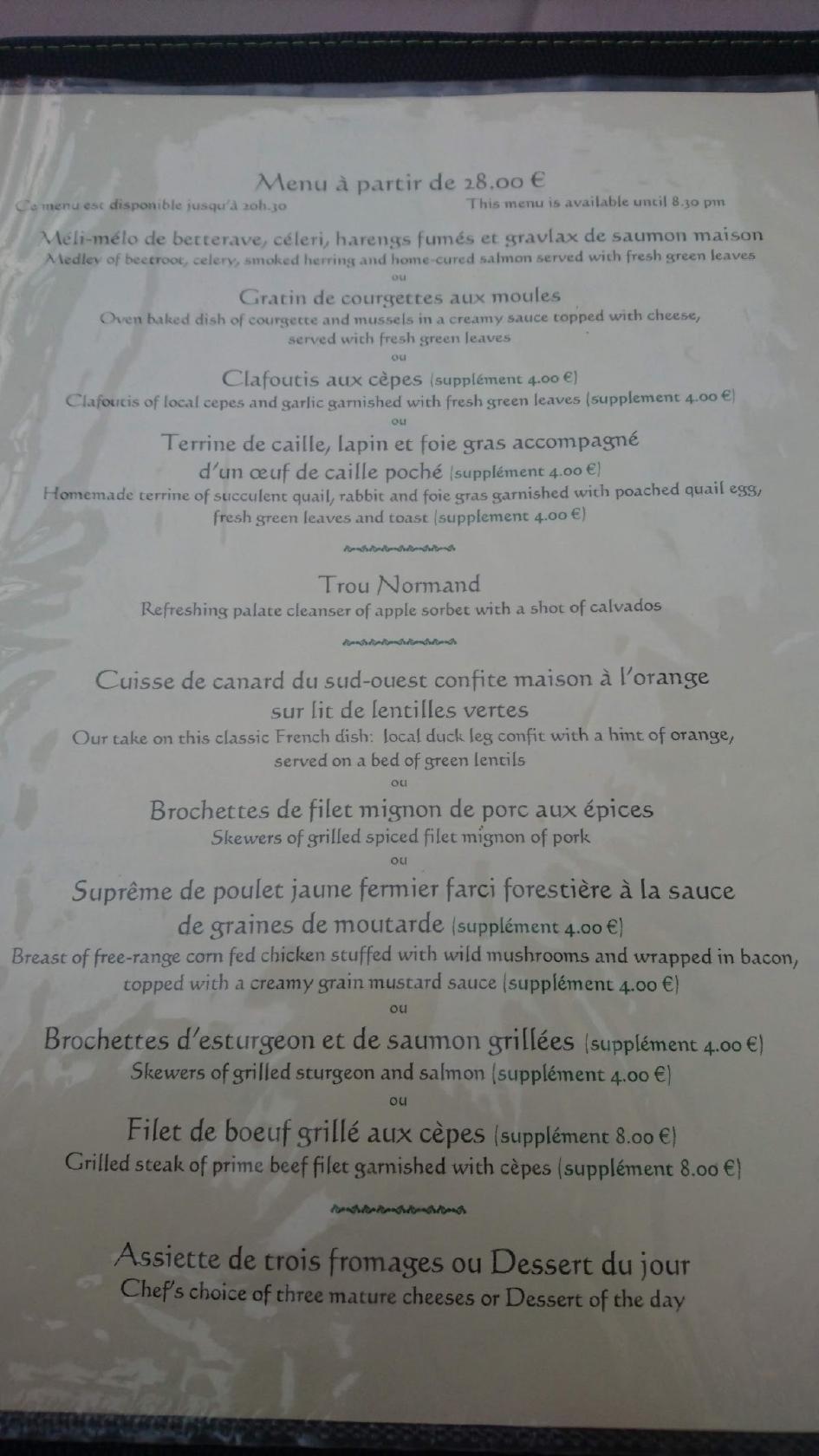 Menu au le citronnier restaurant, Ribérac
