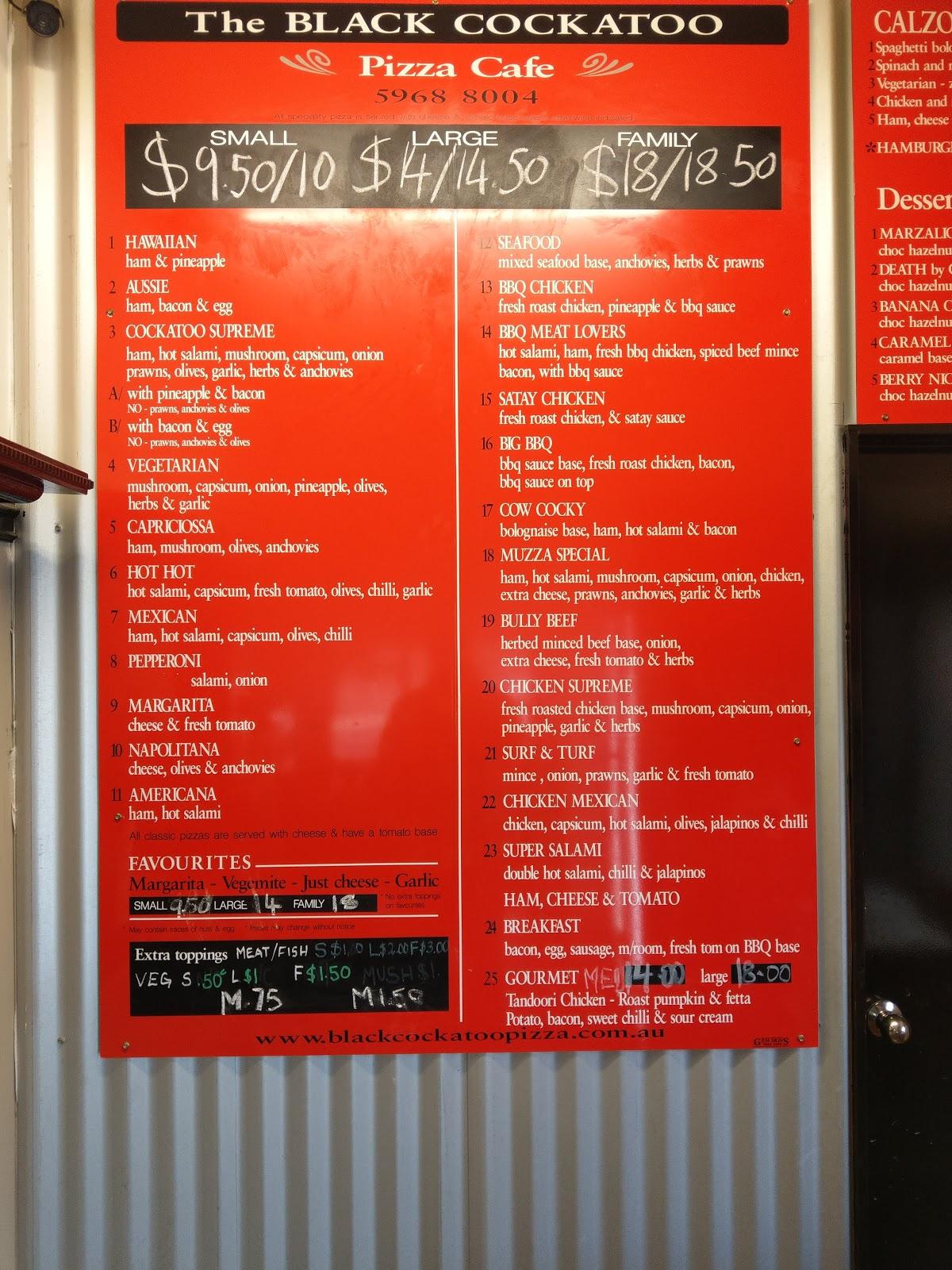 Menu at The Black Cockatoo Pizza Cafe, Cockatoo