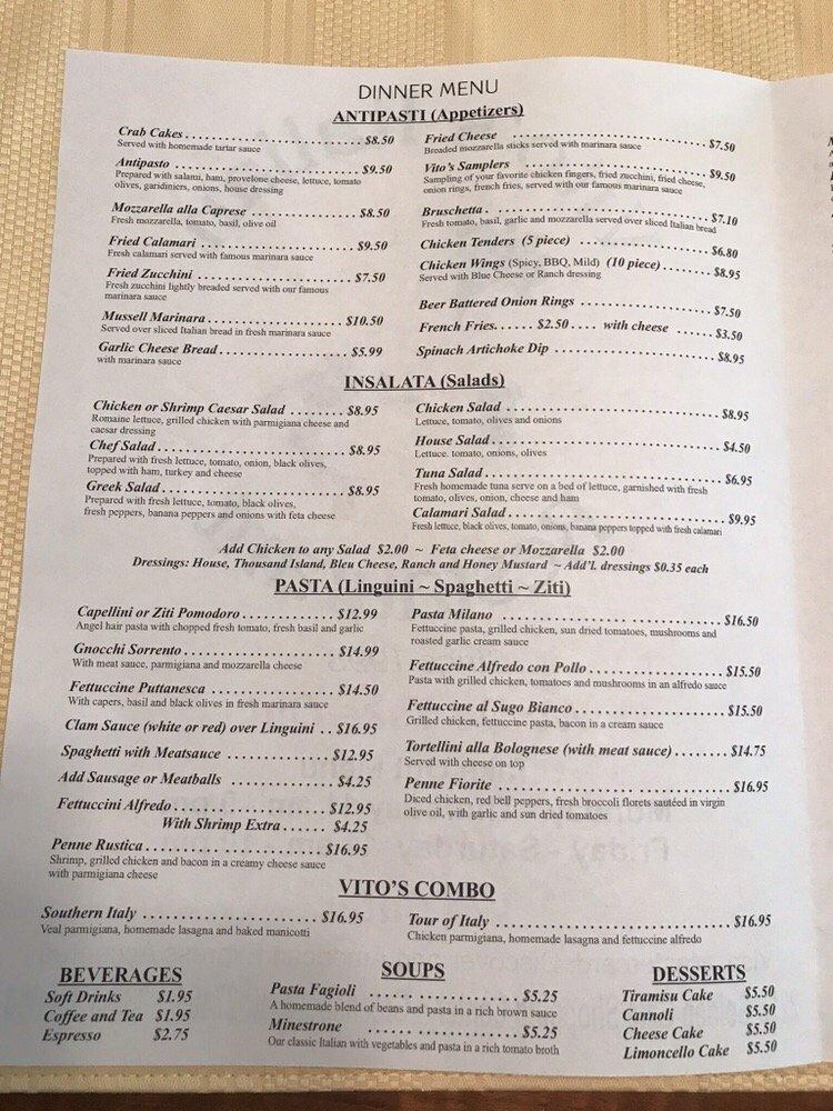 Menu at Vito's Italian Restaurant, Greensboro