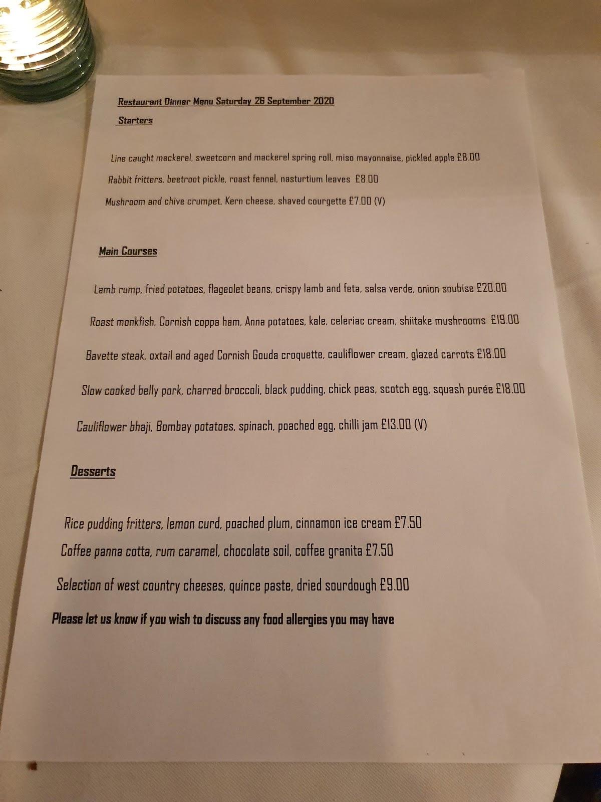 Menu at Asquiths Restaurant, Lostwithiel