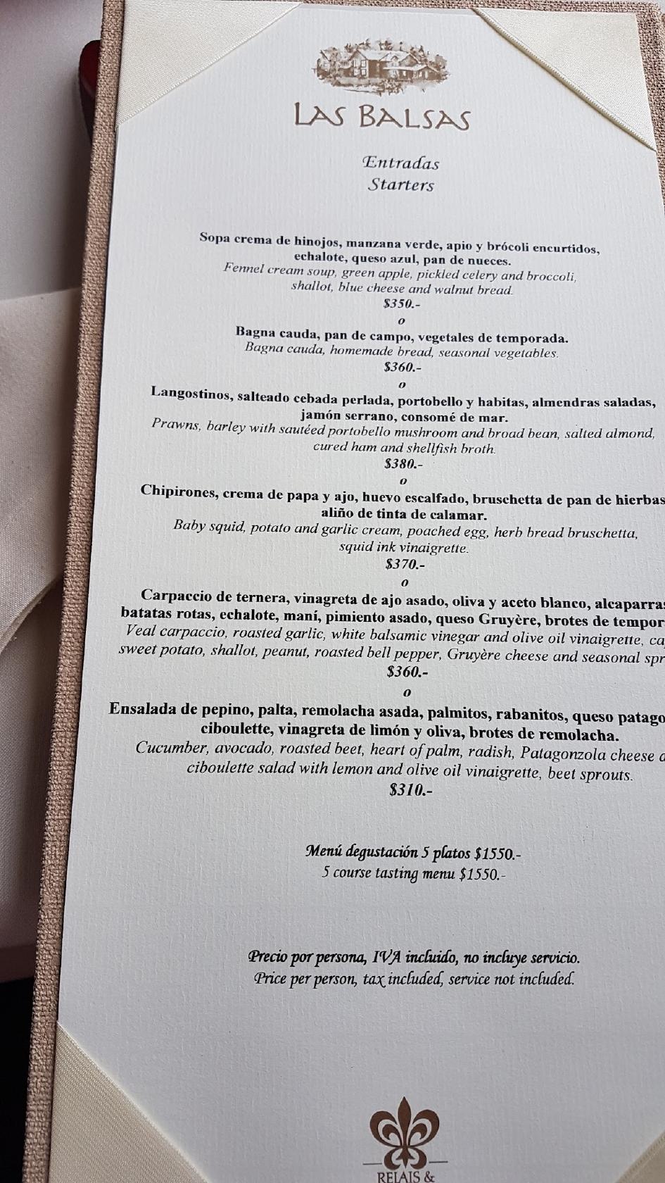 Carta de Las Balsas Restaurant, Villa La Angostura