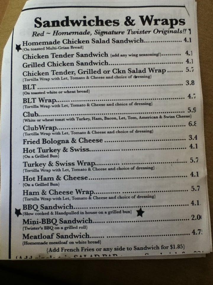 Menu at Twister's Diner restaurant, Knoxville, Washington Pike