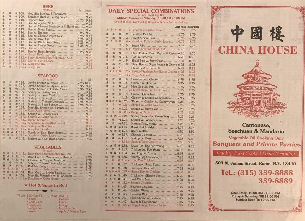 Menu at China House restaurant, Rome, 503 N James St
