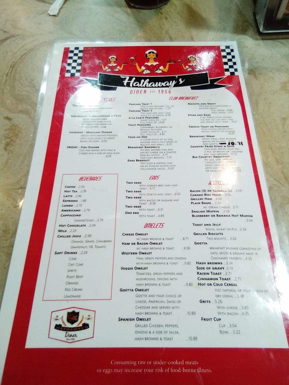 Menu at Hathaway's Diner restaurant, Cincinnati