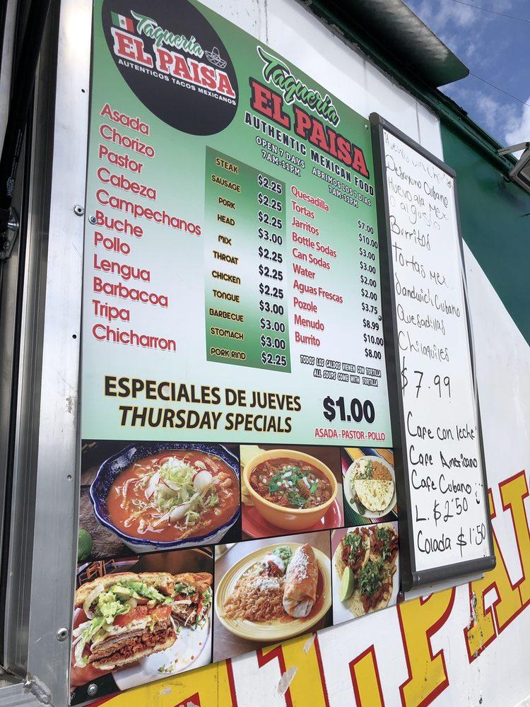 Menu at Taqueria El Paisa Food Truck restaurant, Fort Lauderdale