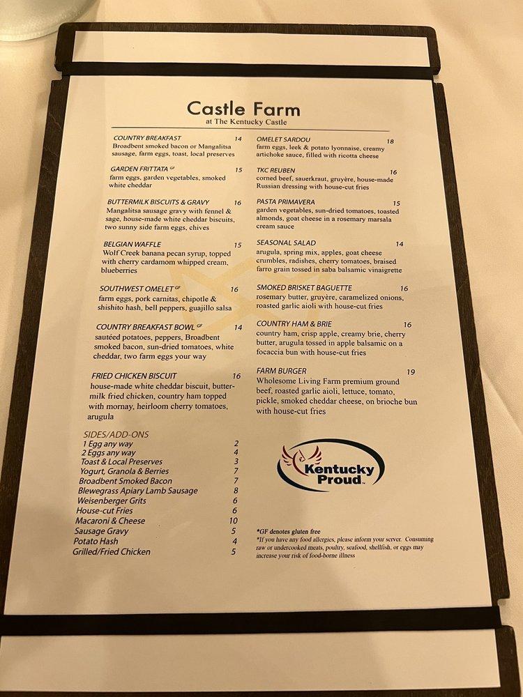 Menu at The Kentucky Castle restaurant, USA