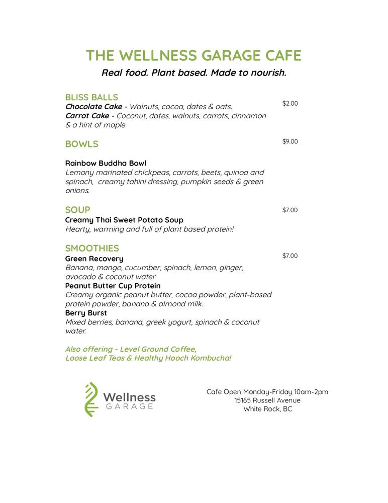 Menu at Wellness Garage Cafe, White Rock