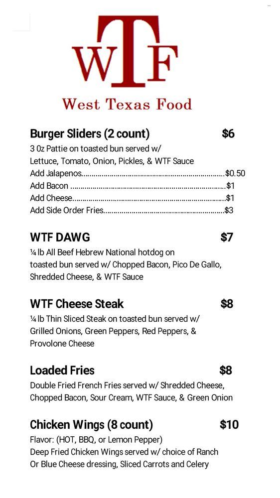 Menu at West Texas Food Trailer restaurant, Converse