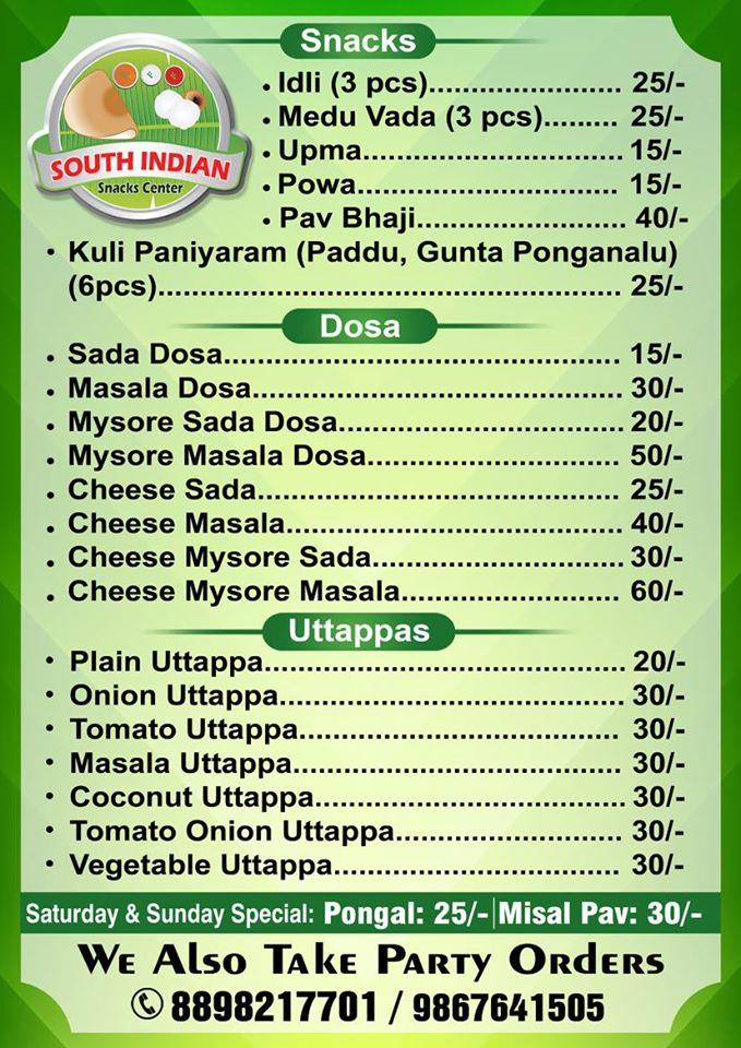 Menu at South Indian food corner, Navi Mumbai, navi mumbai 400708