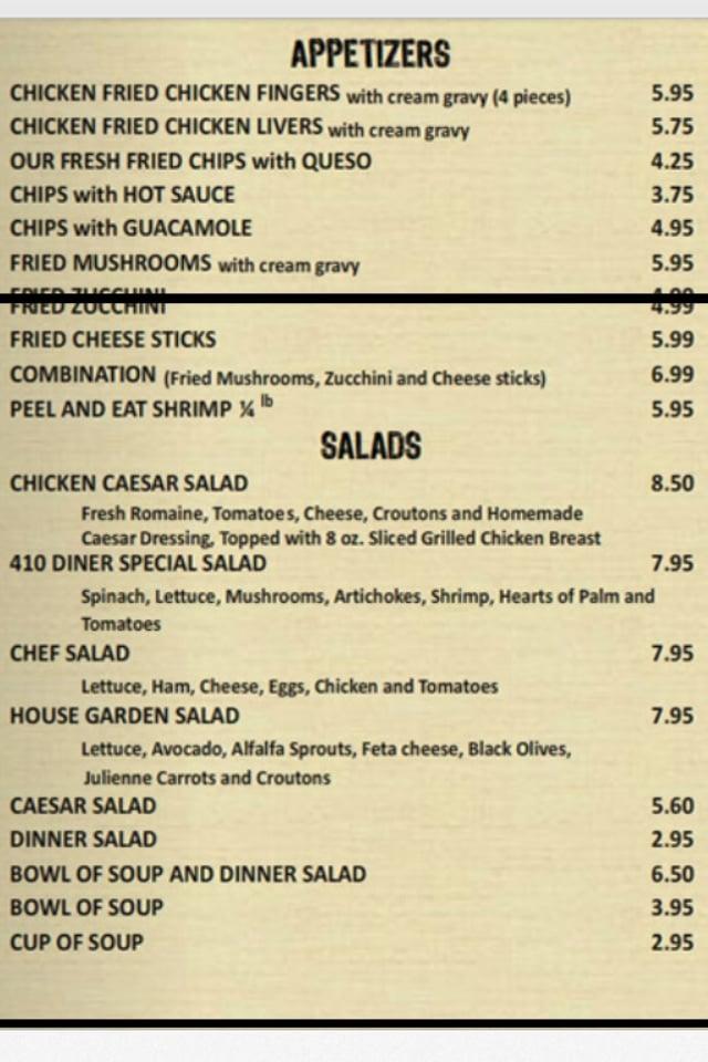 Menu at 410 Diner restaurant, San Antonio