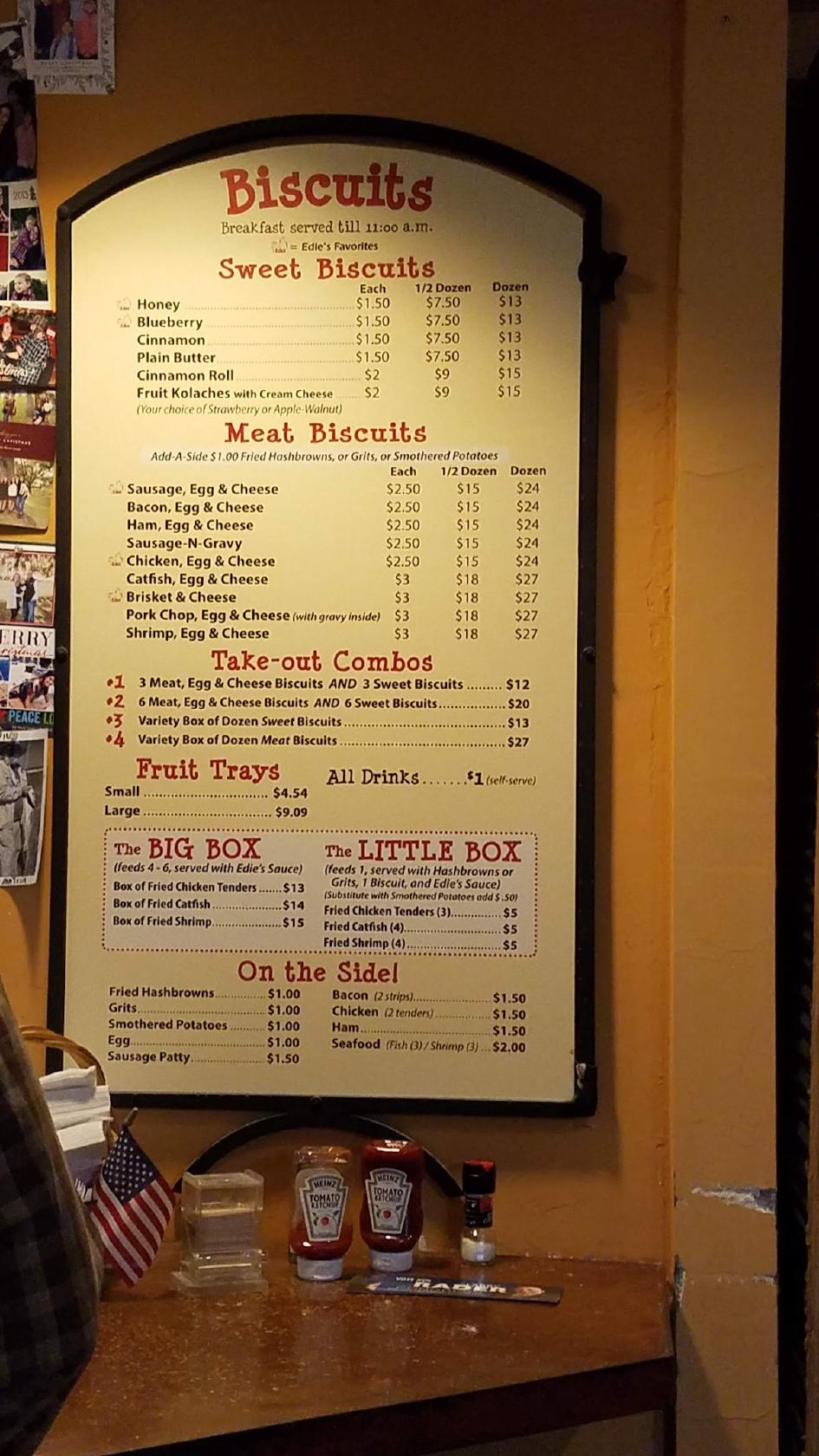 Menu at Edie's Biscuits restaurant, Lafayette, W Pinhook Rd