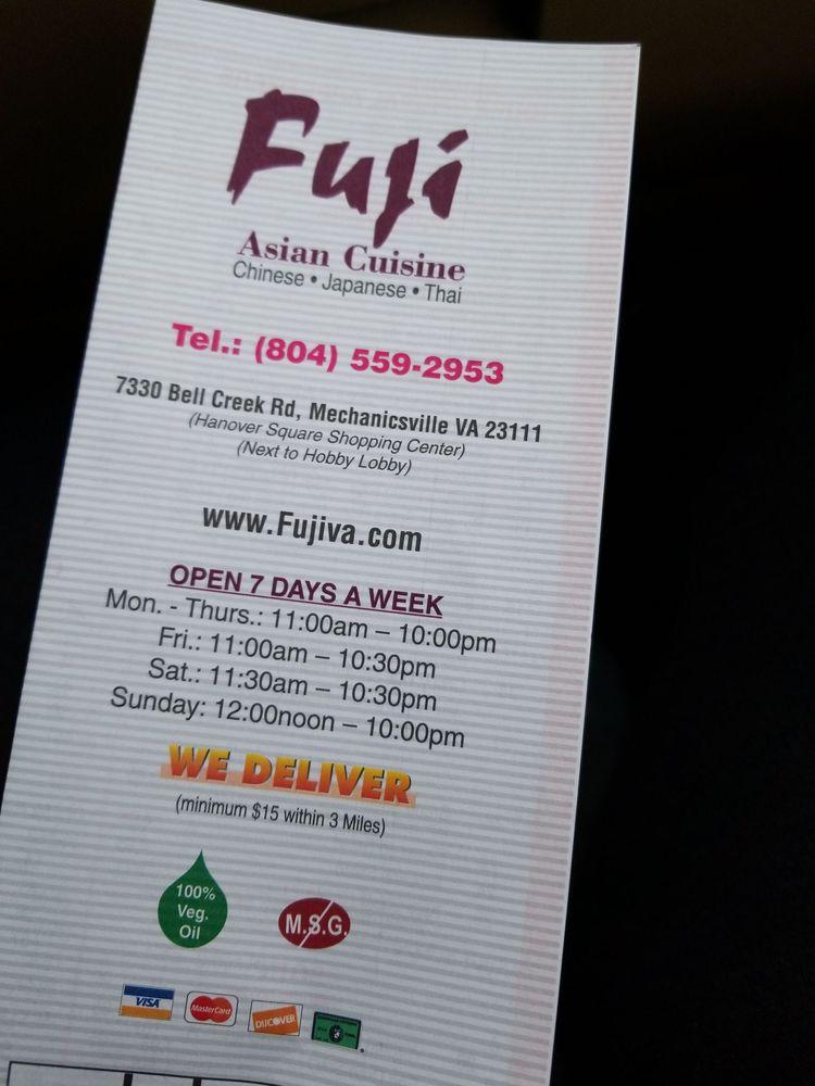 Menu at Fuji Asian Cuisine restaurant, Mechanicsville, Bell Creek Rd