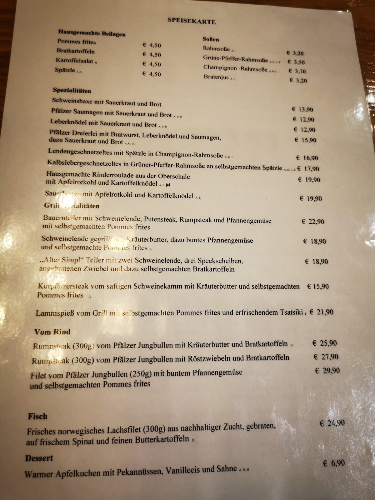 Speisekarte von Restaurant "Alter Simpl" im Herzen Mannheims, Mannheim