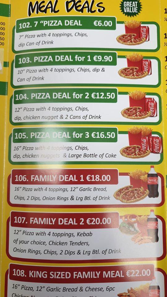 Menu at K2 Kebab pizzeria, Letterkenny