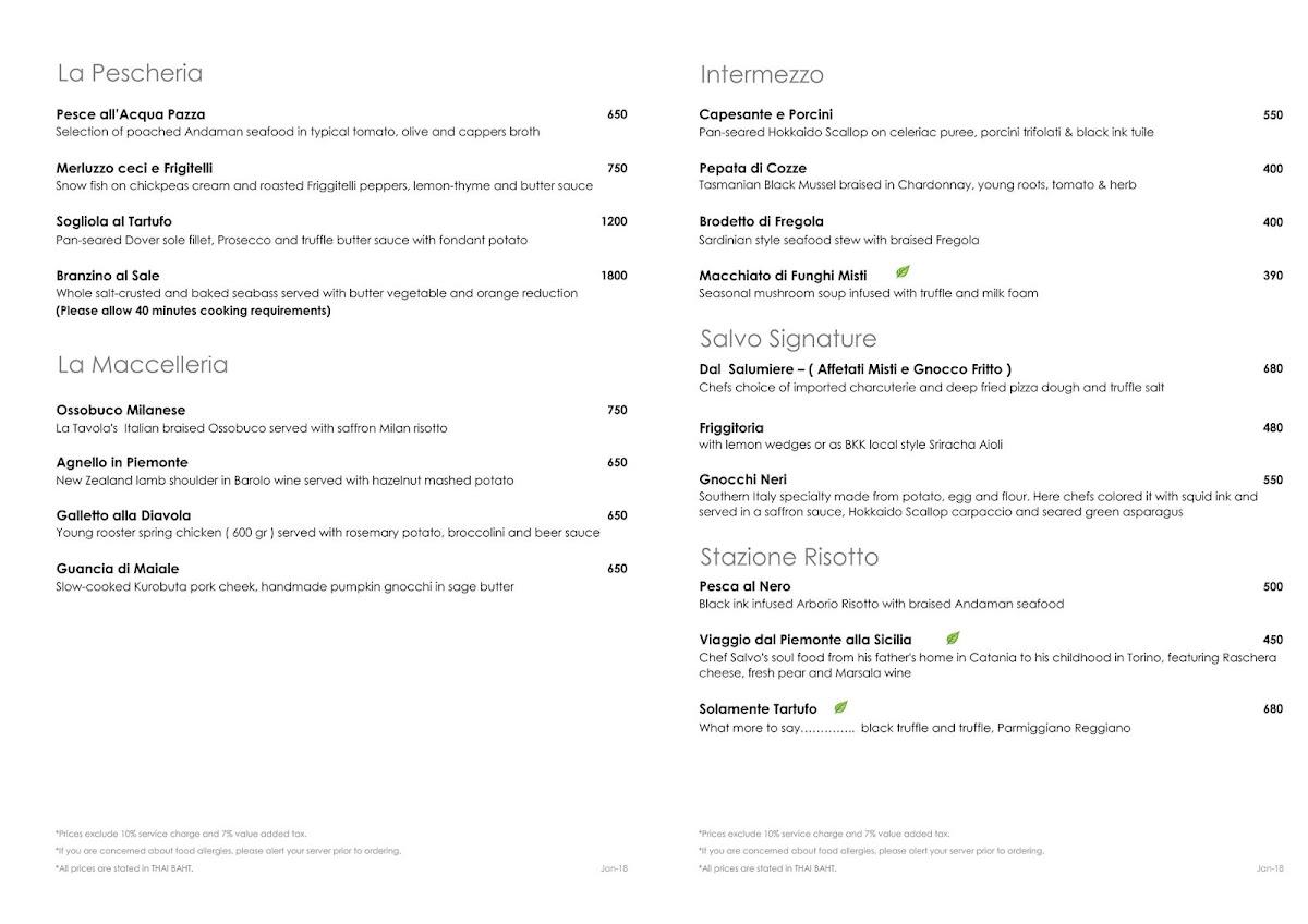 Menu at La Tavola restaurant, Bangkok