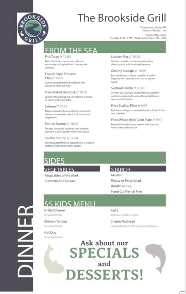 Menu at The Brookside Grill restaurant, Shirley