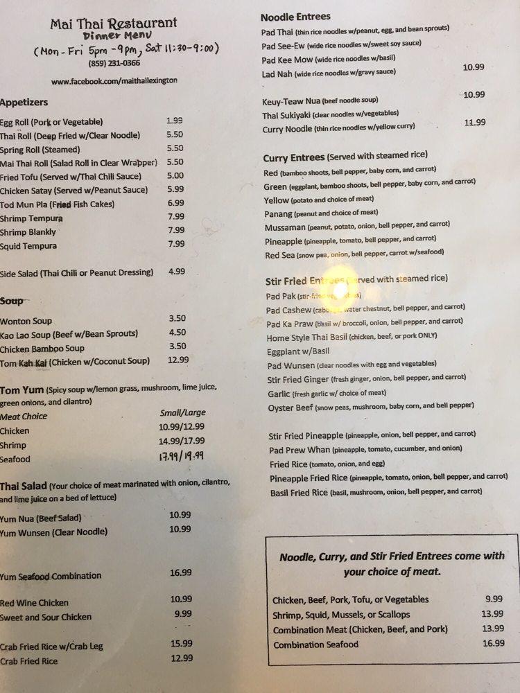 Menu at Mai Thai Restaurant, Lexington, 304 Southland Dr