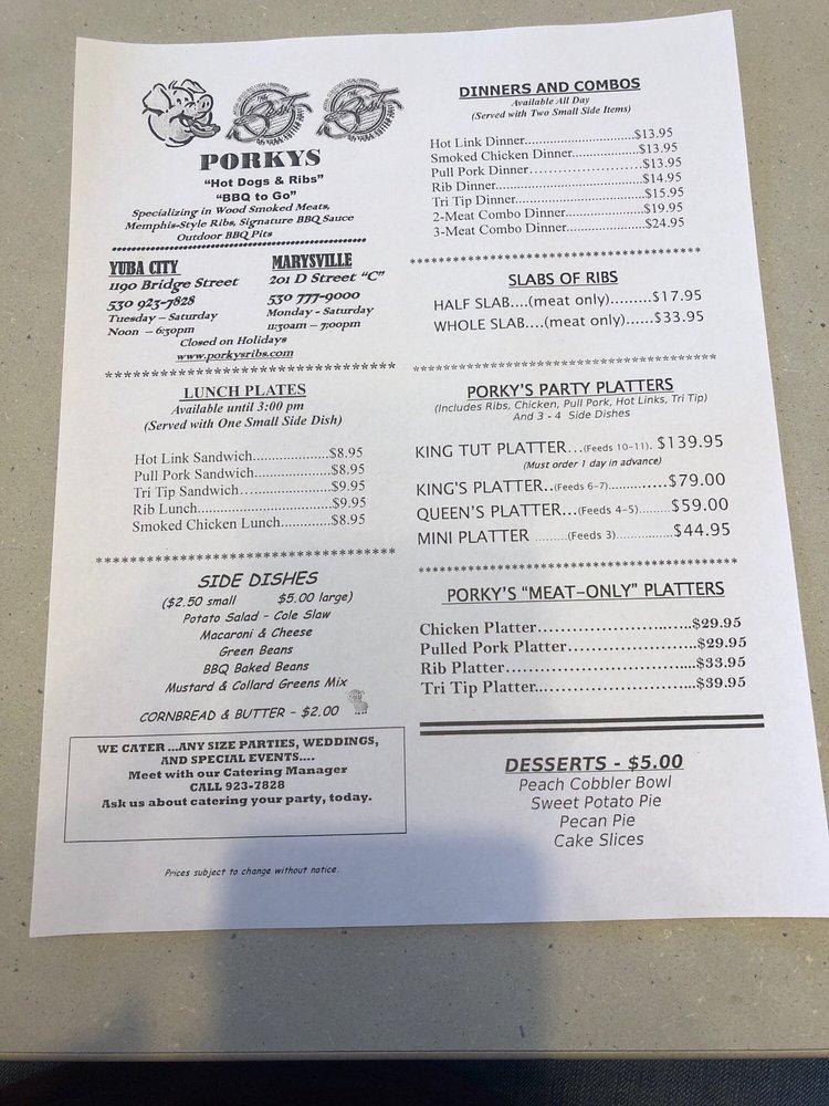 Menu at Porky's To Go BBQ, Yuba City