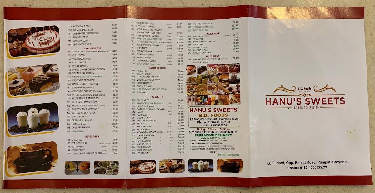 Hanu's Sweets B.D Foods Sweet Shop Namkeen Shop Fast Food Cookies Shop in Panipat menu