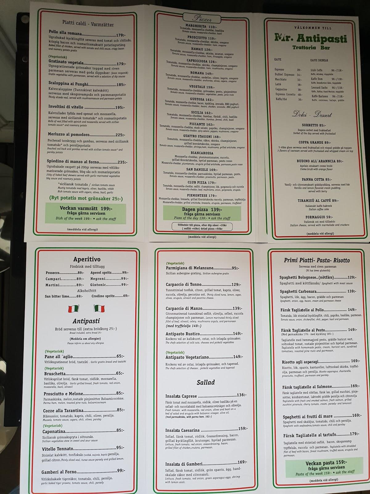 Menu at Mr. Antipasti restaurant, Gothenburg